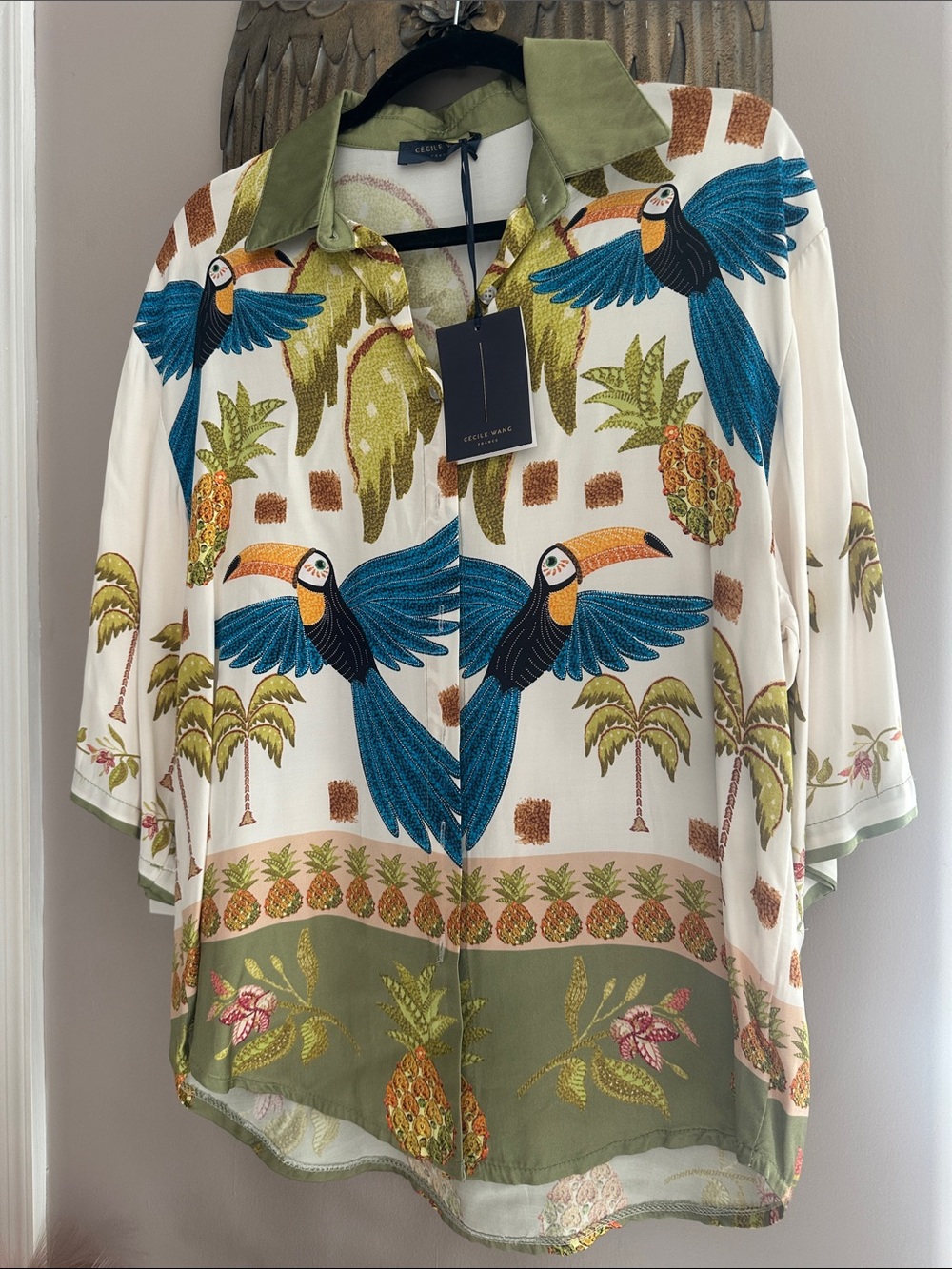 Cecile Wang Made in Italy ResortwearTropical Toucan Button-Up Top collared nwt
